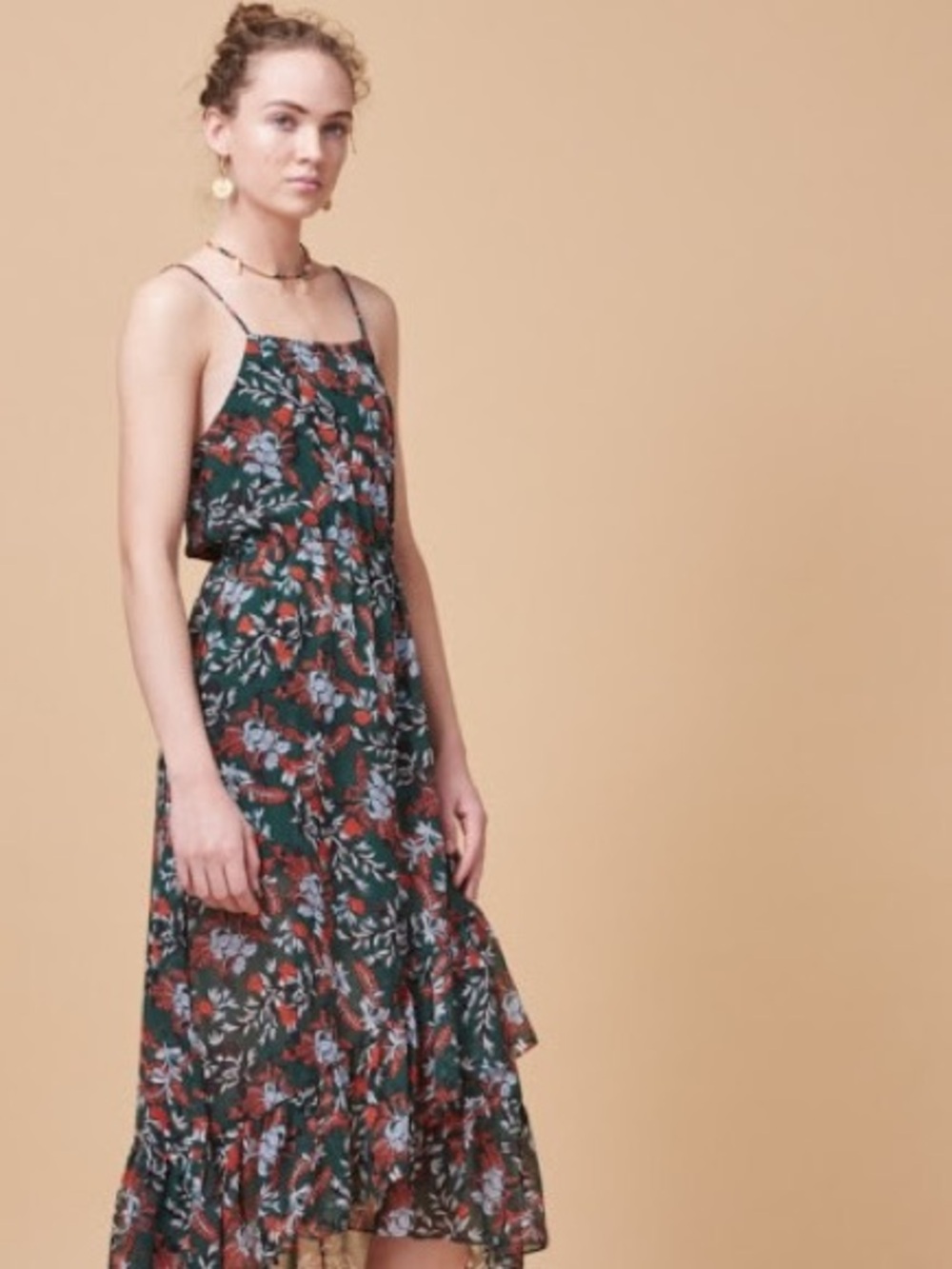 Maje dark green Midi Dress with Red and Light Blue Floral Print